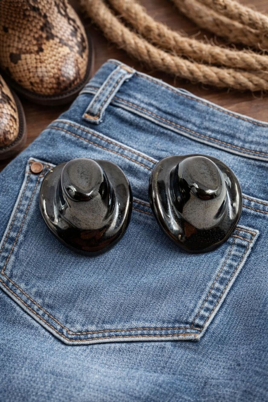 Vintage Black Cowboy Hat Earrings Glossy Western Statement Studs 1980